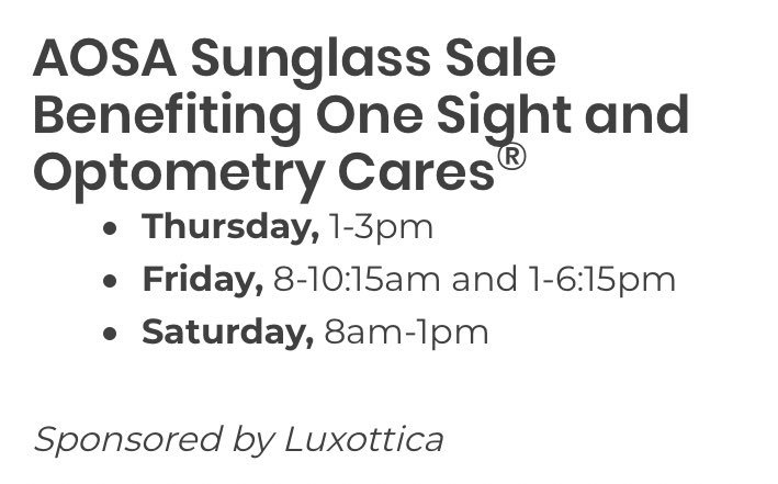 jessicajbeckman's tweet photo. Don’t forget to check out Luxottica’s Sunglasses Sale benefitting #OneSight at Optometry’s Meeting this weekend! #aoaplusinfluencer #om2019 https://t.co/nkcO9fxmAf