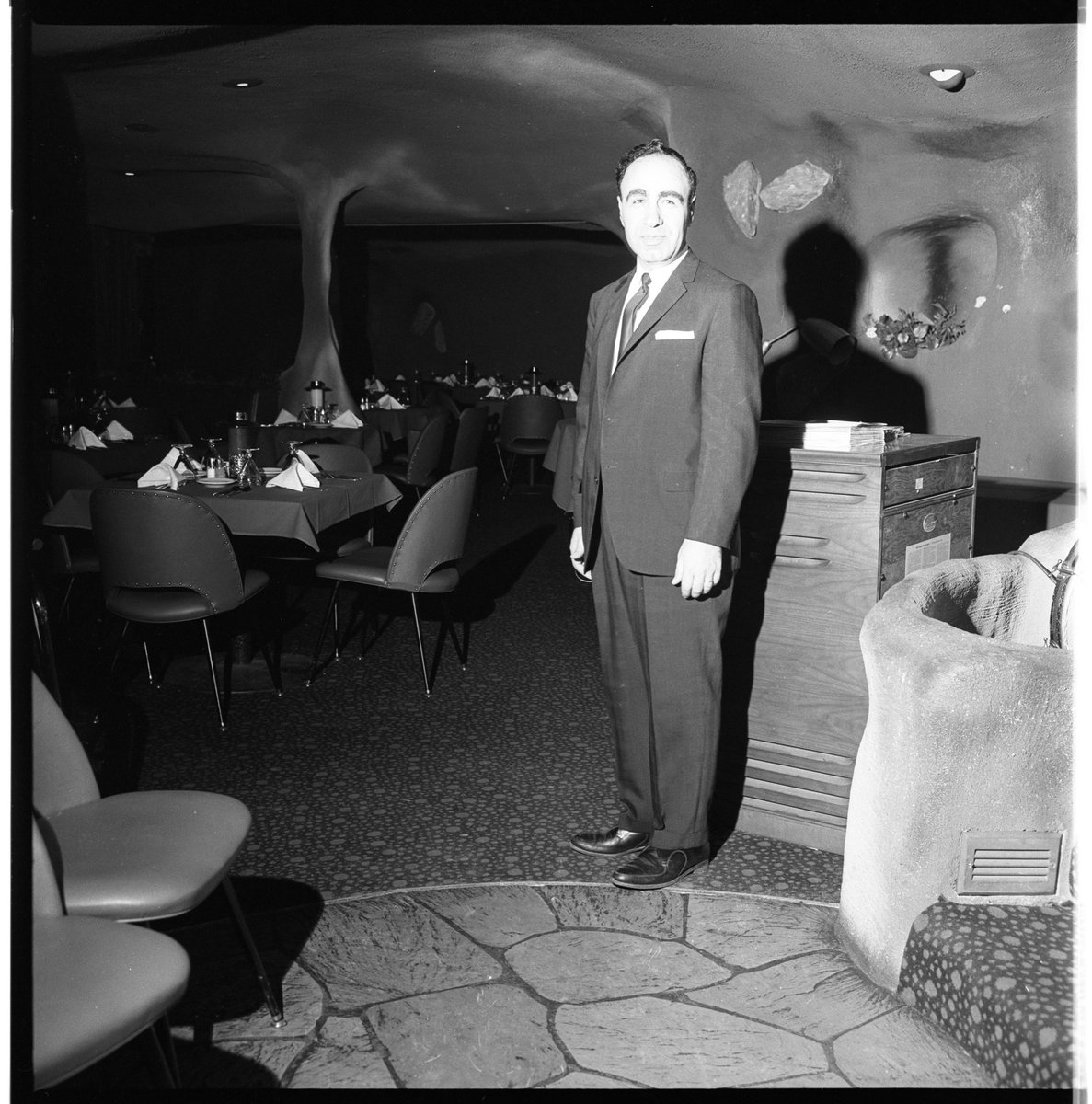 James Livingston, Kales Waterfall Club (1963, demolished 2005) /// The Waterfall Club was a high-end supper club set in a manufactured “cave.” The club was the brainchild of Livingston and local restauranteur Jimmie Kales.