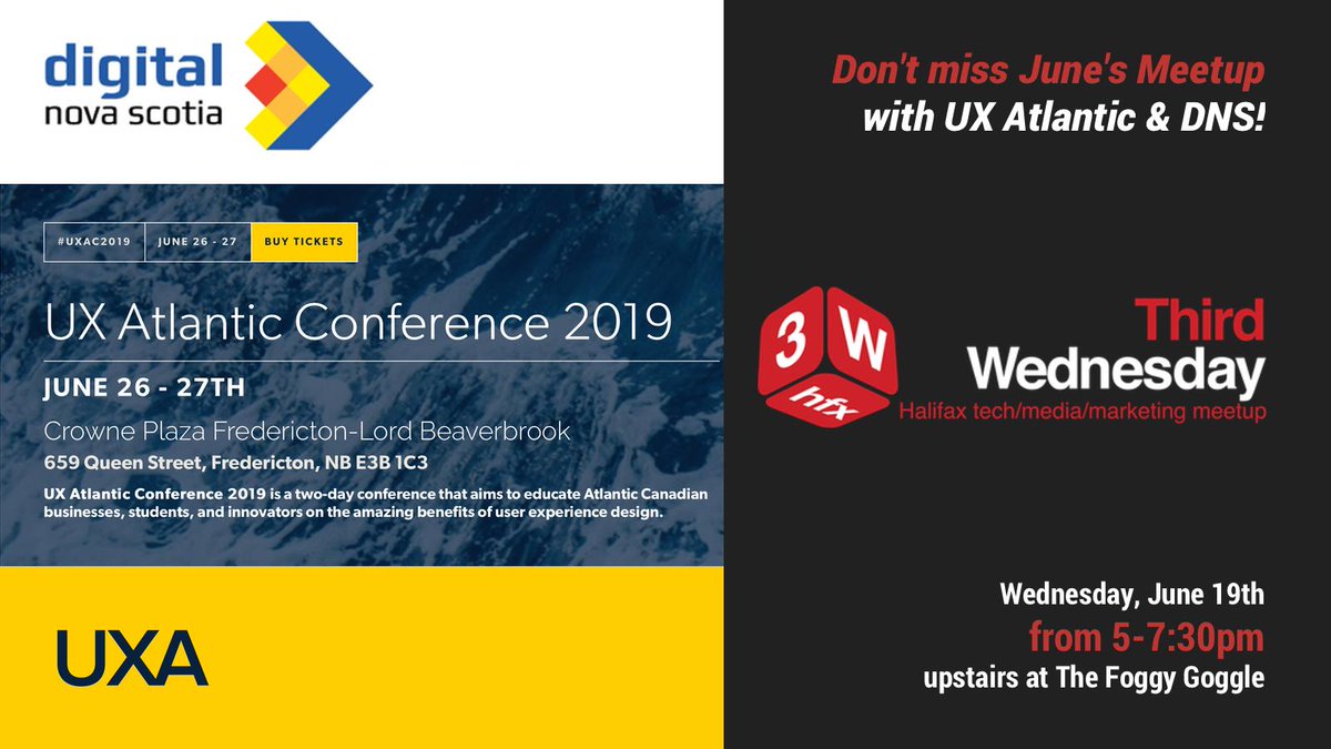 This Wed June 19th, don't miss 3W/TechLounge w <a href="/JamieGerrard/">Jamie Gerrard</a> on the new UX Atlantic Conference #UXAC2019, announcements from our friends at <a href="/DigitalNS/">Digital Nova Scotia</a>, our 30-second intro/opportunity spots, &amp; the usual tech/media/marketing fun upstairs at @TheFoggyGoggle 5-7:30pm (speaker ~6pm)!