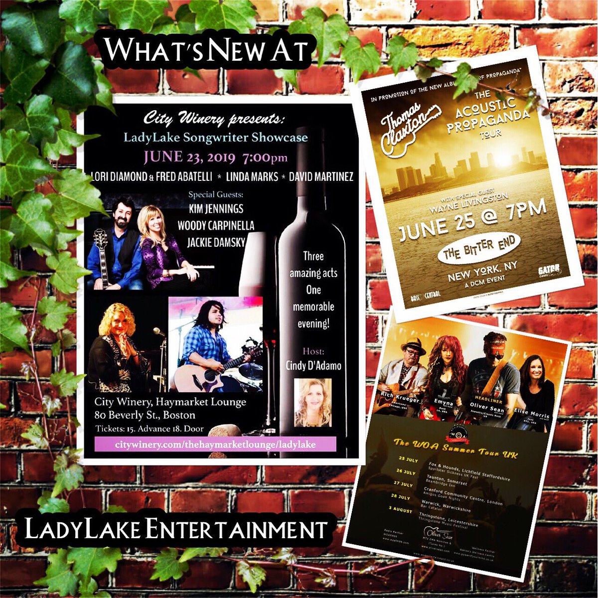 💥 <a href="/LadyLakeMusic/">LadyLake PR 👑</a> #NEWS 
• National Showcase Series at <a href="/CityWineryBOS/">City Winery Boston</a> w
<a href="/LoriDiamond/">Lori Diamond</a> &amp; @LDFA_Fred 
<a href="/lsmheart/">lsmheart</a> 
<a href="/davidmartinezmu/">David Martinez Music</a> June 23
• #AcousticPropaganda #Tour launch at <a href="/BitterEndNYC/">Bitter End</a> #NYC w
<a href="/TClax_Music/">Thomas Claxton</a> June 25
• <a href="/EmynaRockQueen/">Emyna The Rock Queen</a> on <a href="/woarecords/">WOA Entertainment Group</a> #UK Summer Tour July 25