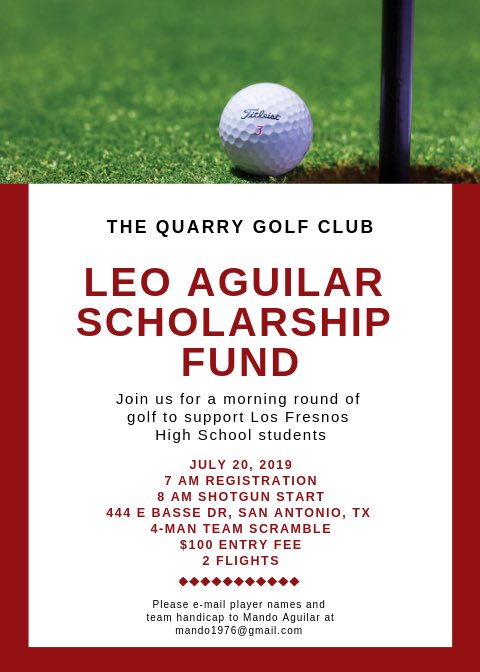 LeoAguilarFoundation (@lafoundation44) on Twitter photo Join us on July 20 for a round of golf benefiting <a href="/losfresnoshigh/">Los Fresnos High</a> students. Join us on July 20 for a round of golf benefiting <a href="/losfresnoshigh/">Los Fresnos High</a> students.