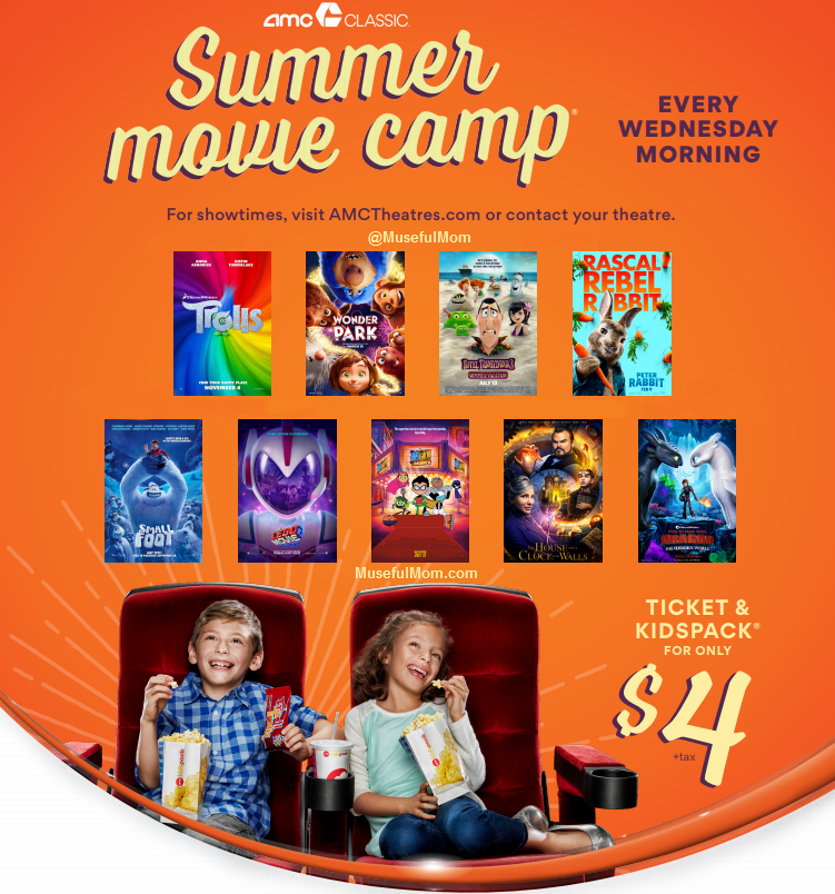 MusefulMom's tweet photo. 2019 AMC Summer Movie Camp - $4 Admission with Snacks Included

Summer is here and so is the AMC Summer Movie Camp! Get admission to a kid-friendly movie and a KidsPack for just $4 every Wednesday all summer long! 

https://t.co/97lV83FpNh

#amc #amcclassic #summermoviecamp https://t.co/u09Mtw7Fnx