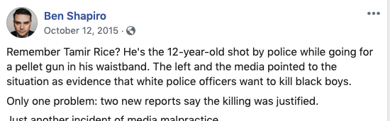 HeerJeet's tweet photo. Ben Shapiro: killing a 12 year old for carrying a pellet gun is justified. 
Also Ben Shapiro: not admitting someone into an exclusive university because they used a racist slurs is a crime against humanity. https://t.co/sjb2Hkg1LH