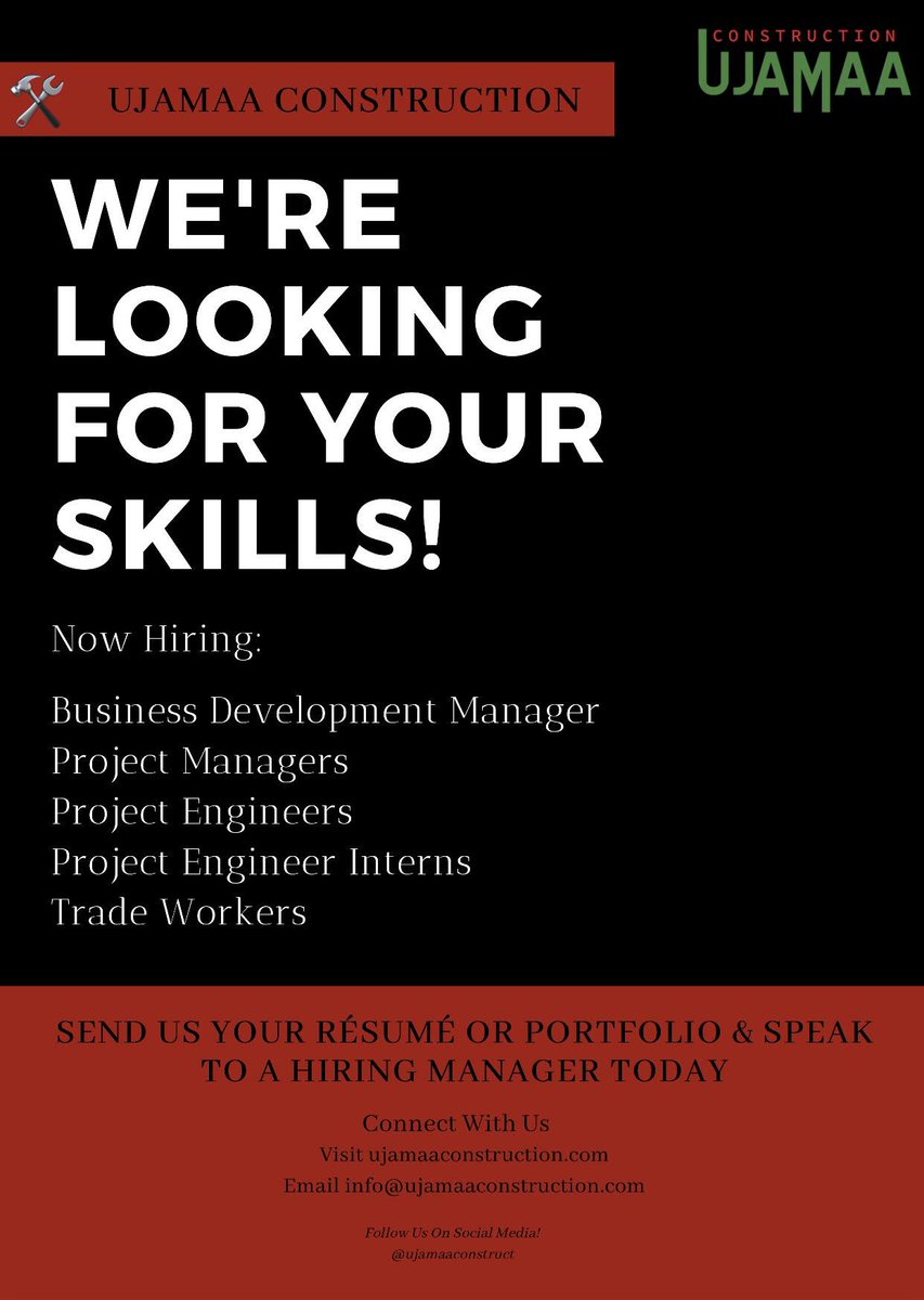 ujamaaconstruct's tweet image. Need a career change? Or new experiences under your tool belt? Join the UJAMAA Team! Send us your resume today! Visit buff.ly/2RhCleI for more information.