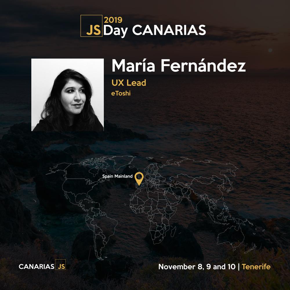canariasjs's tweet photo. The first #JSDayCAN2019 whom we introduce today is María Fernández (@meri_minimeri), #UX #Lead at #eToshi Technology and she will share her wide knowledge about product interfaces with all of us. Welcome!!! https://t.co/D7er9MDp7W