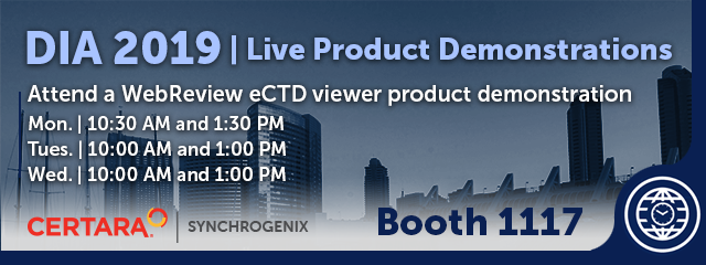 Synchrogenix's tweet photo. The countdown to #DIA2019 is on! As you're planning your event schedule, be sure to include a visit to booth 1117 for a live product demonstration of #WebReview, our browser-based #eCTD viewer. Learn more about WebReview: https://t.co/6lsxUtn8do https://t.co/MHFs1nLj7U