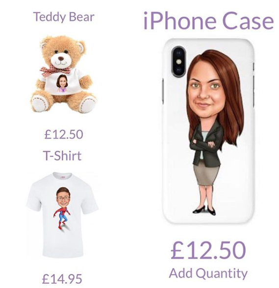 You can now order these printed products with your very own personalised caricature #printedgifts #printedgift #giftideas🎁 #iPhone #samsung #printedtee