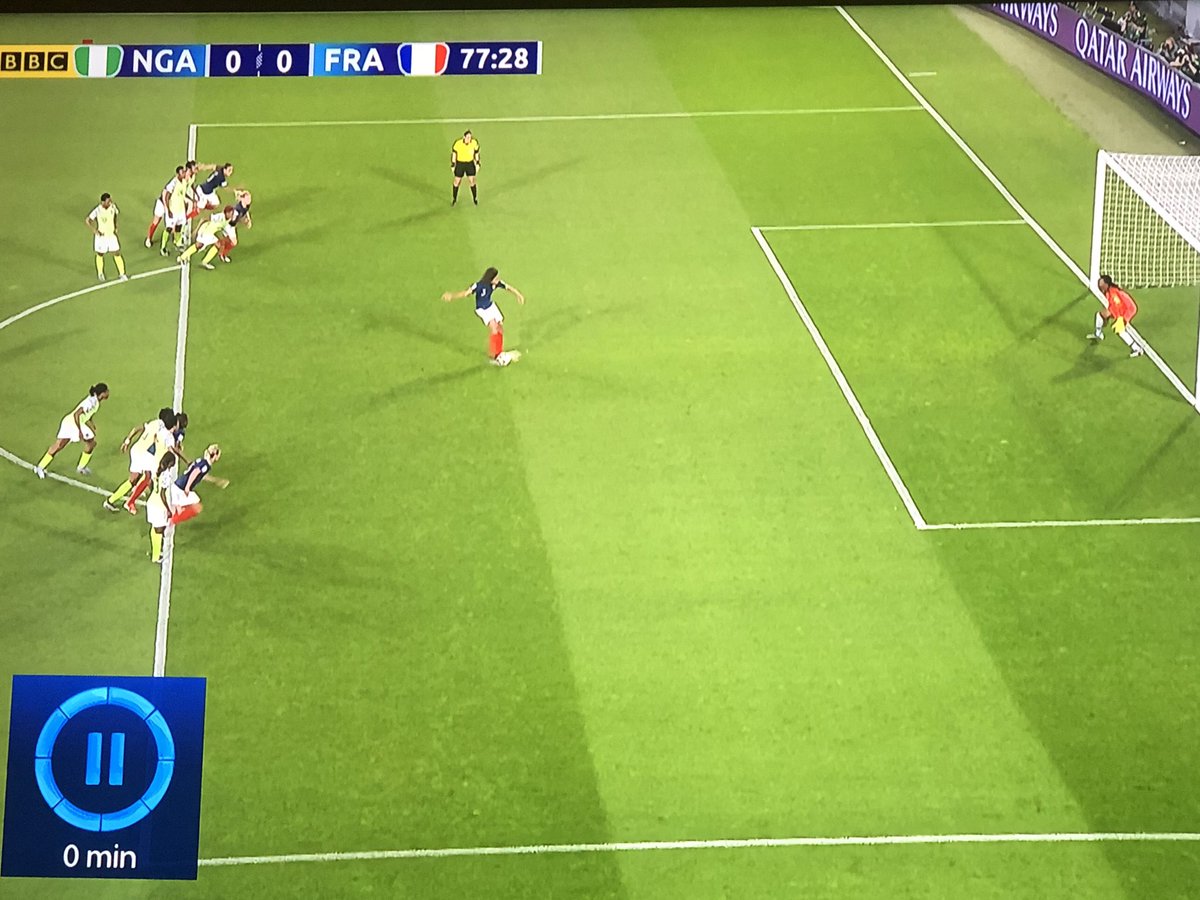 Farcical VAR decision again. Keeper marginally off line as penalty taken and receives yellow card BUT nothing said about french player in the box! #FIFAWWC2019 #NGAFRA #NGA #FRA #FIFAWWC