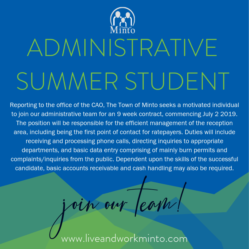TownofMinto's tweet photo. Job Opportunity! 🎉

The Town of Minto is hiring an Administartive Summer Student! If you are interested, apply now at https://t.co/gwT1XXX9ht https://t.co/qsEE4sq2Rr