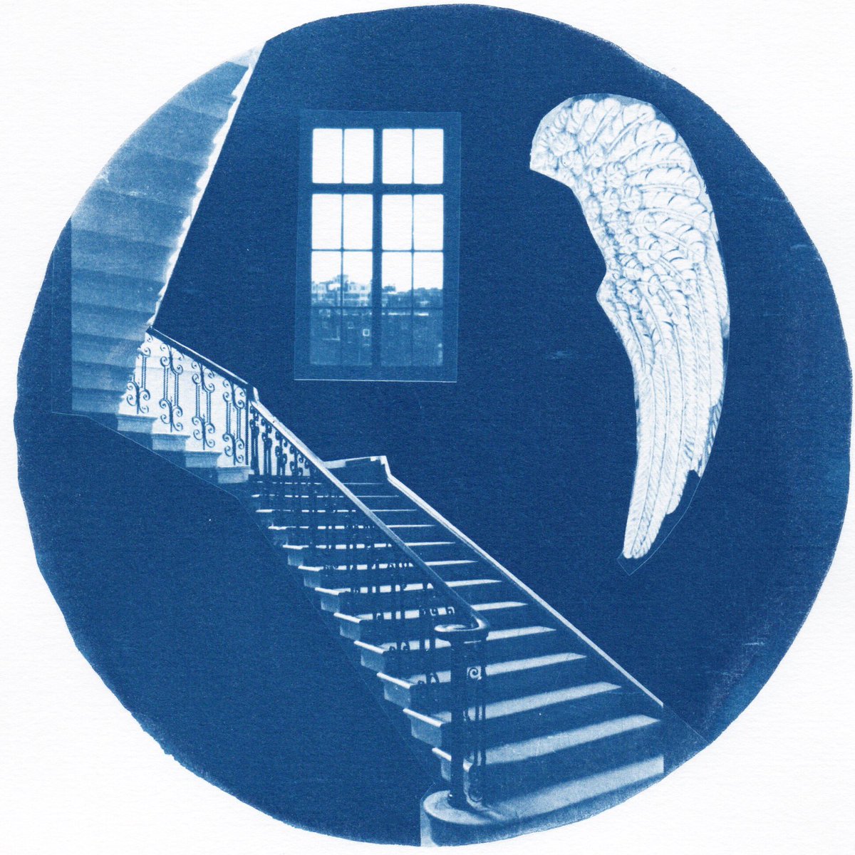 Very pleased this new print has found a home! It’s a new series of images collaged using photographs I’ve taken in museums and galleries. The window is the view over the rooftops seen from the ceramic galleries at V&amp;A, and I photographed the staircase at Stowe House #cyanotype