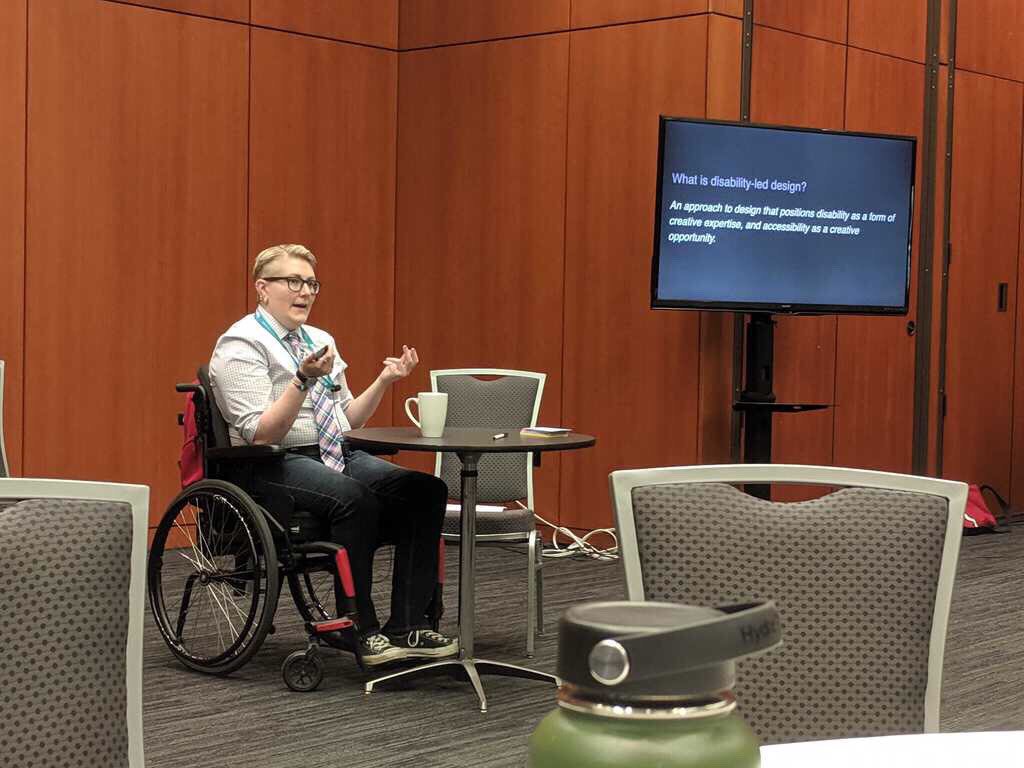 RootedInRights's tweet photo. .@AlexHaagaard, from the @DisabledListOrg, leads a workshop championing
#DisabilityLedDesign at @bccycle's Active Transportation Summit. #WalkRollCycle https://t.co/DlYmjpIDZG