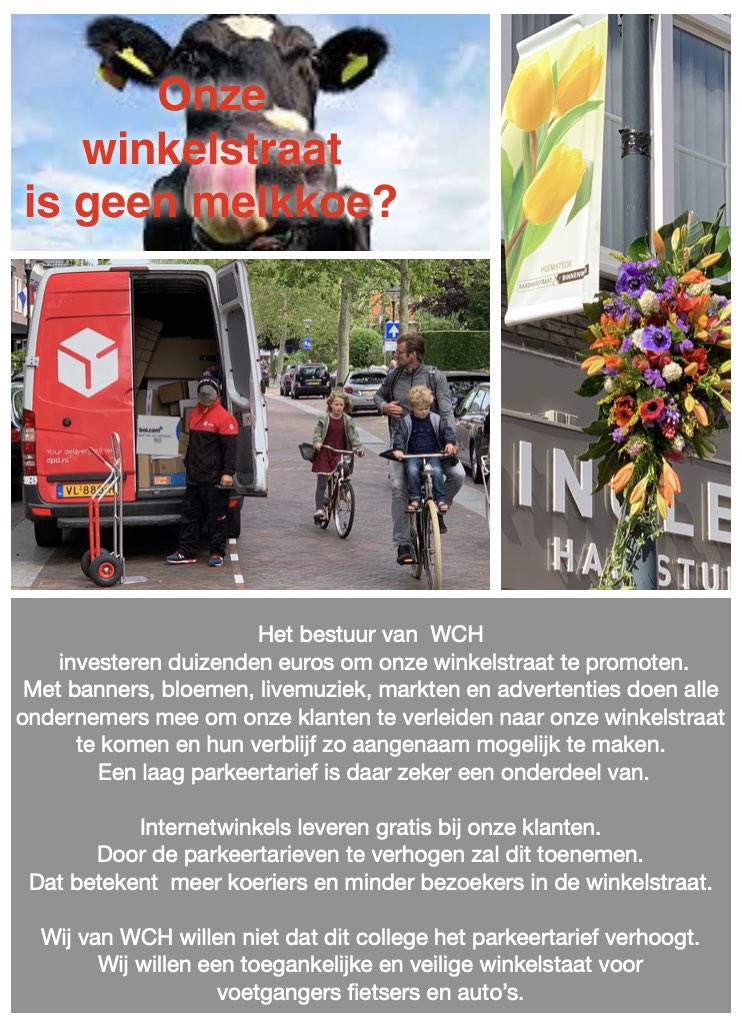 WCHeemstede's tweet photo. Beste @HBBHeemstede wij willen geen verhoging van de parkeertarieven in ons winkelcentrum. https://t.co/NCbrO5aa49