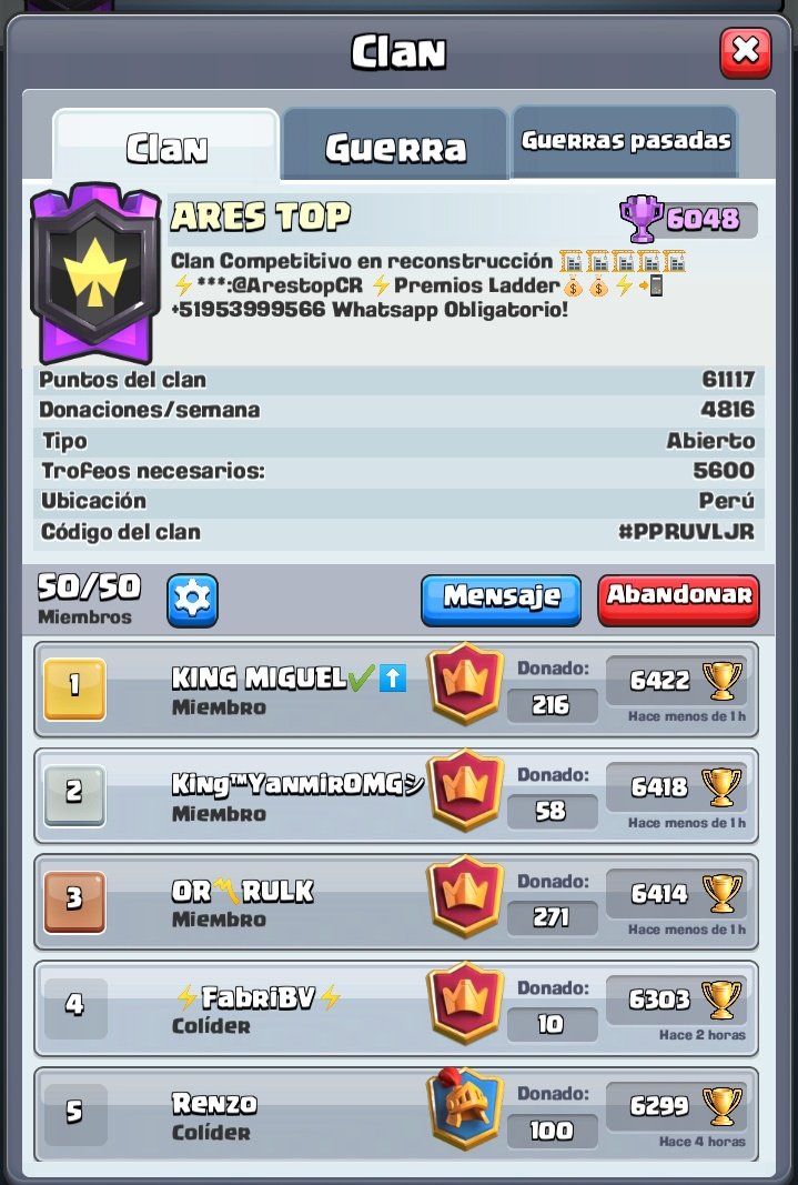 ¡Un inicio de semana más y otra vez Top1 🇵🇪! 
Pese a que algunos habituales jugadores se encuentran bajos en Ladder sabemos recomponernos con nuevos rostros. 

<a href="/AresTopCR/">Ares Top Oficial</a> más que un clan, una familia