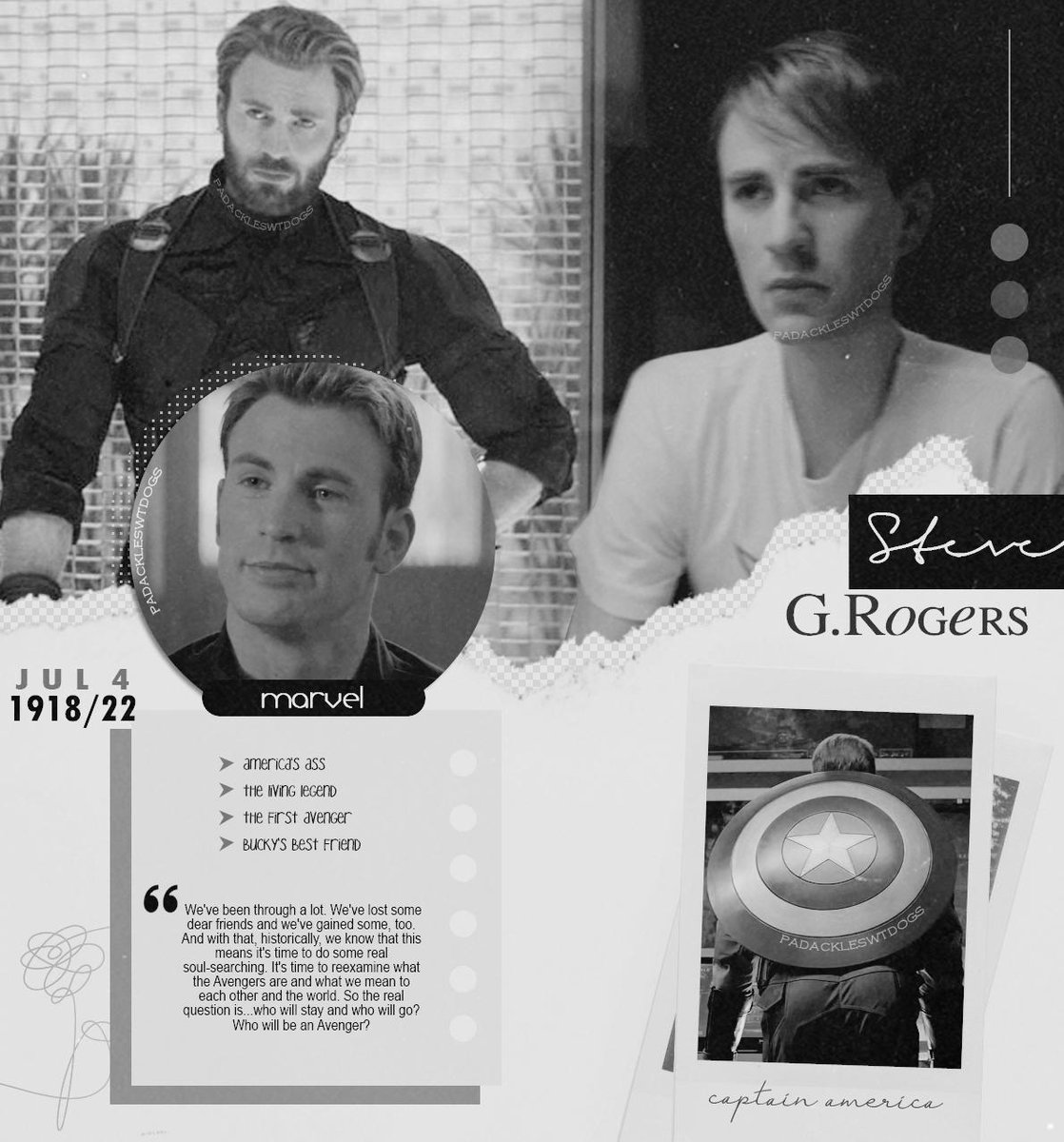 ⠀⠀⠀⠀⠀࿐ ࿔*･ﾟ𝑪𝑨𝑷𝑻𝑨𝑰𝑵 ✪ 𝑨𝑴𝑬𝑹𝑰𝑪𝑨.

           ❛ʏᴏᴜ ᴍᴜsᴛ ᴘrᴏᴍise ᴍe ᴏne ᴛʜinɢ. ʏᴏᴜ ᴡiʟʟ sᴛaʏ ᴡʜᴏ ʏᴏᴜ are, noᴛ a ᴘerғeᴄᴛ sᴏʟᴅier, ʙᴜᴛ a ɢᴏᴏᴅ ᴍan.❜

     ⊱┇Rol med/ext. | #MARVEL
     ⊱┇Abierto a tramas.
     ⊱┇¿↻﹢♡?