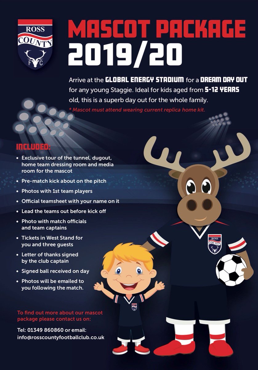 Following the release of the #betfredcup fixtures we are now taking bookings for mascot packages.

Cost £125.  To book please email eilidh.mackintosh@rosscountyfootballclub.co.uk or call 01349 860860 during office hours.

#Staggies