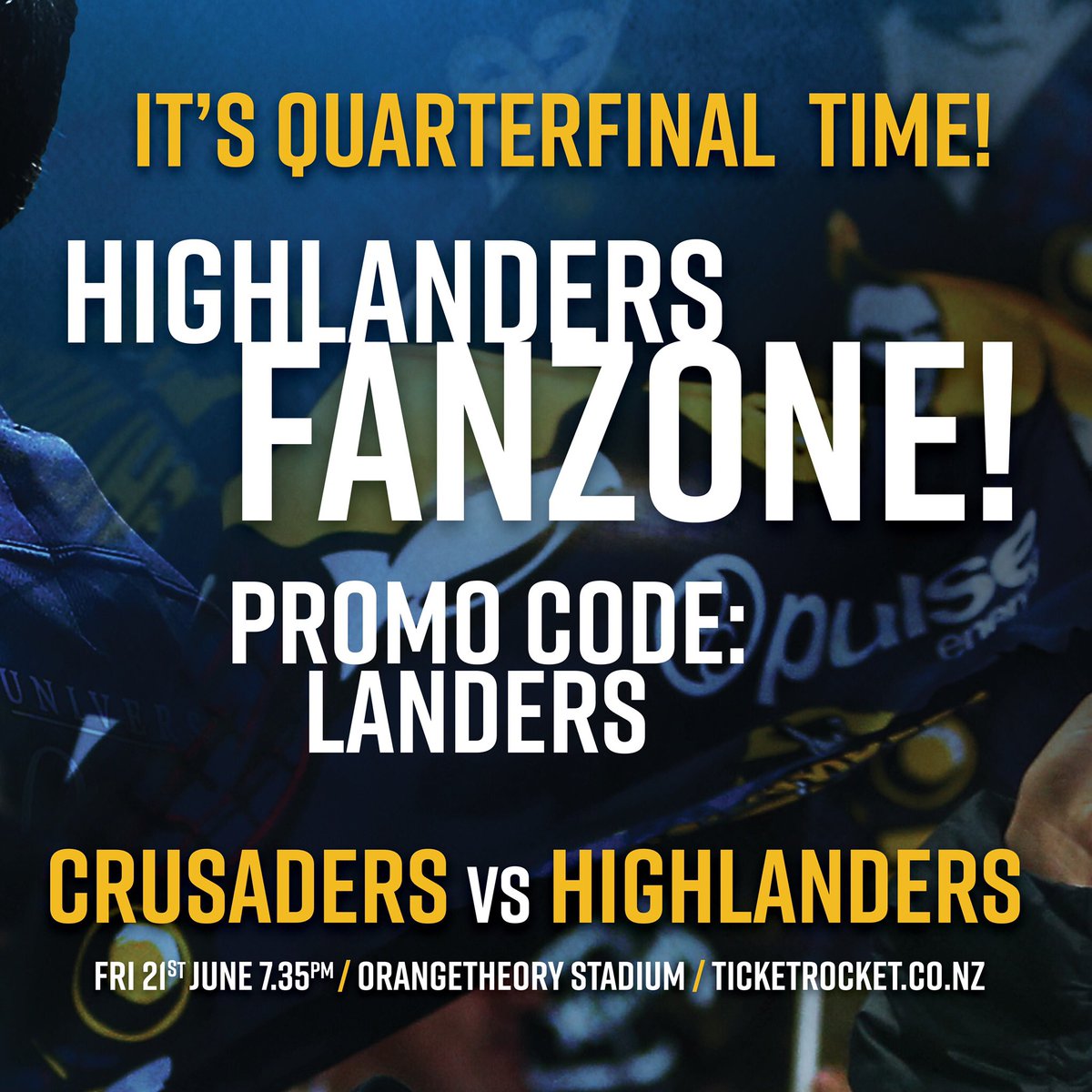 Highlanders's tweet photo. Come on Landers Army it’s time to head up the road and support the team when we take on the BNZ Crusaders on Friday!
Join us in the Landers FanZone by using the promo code: Landers.
Ticket link: https://t.co/NDrf7pp1A8
#HighlandersANDyou #FinalsFooty #CRUvHIG https://t.co/1cZ3IF4SGe