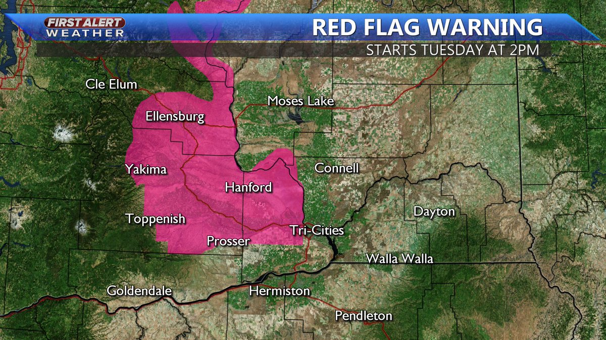 A #RedFlagWarning begins tomorrow afternoon for much of the Yakima Valley and Ellensburg with high winds expected, hot temps, and low humidity.  It will end Wednesday evening.