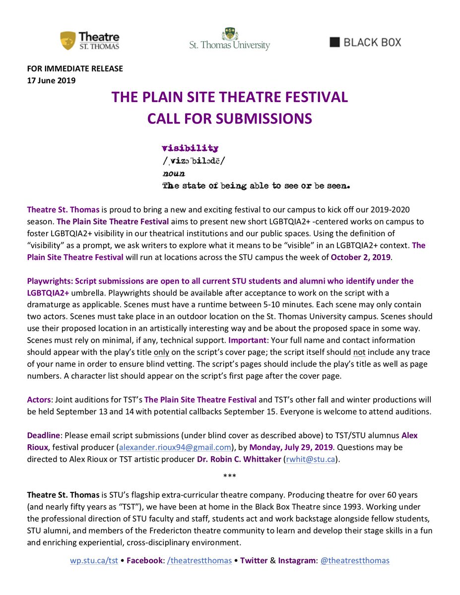 TheatreStThomas's tweet photo. Check out this exciting Call for New Play Submissions for TST's first production of the season, The Plain Site Theatre Festival, running before our November Black Box show! #plainsite @TheatreNB @NotaBleActs @nastyshadows @HGPcomedy @Calithumpians @solochickencoop @NextFolding https://t.co/OE2u4XbYGX