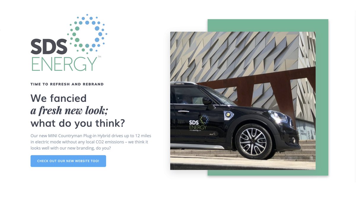 SDS_Energy's tweet photo. Thanks to @AGENCECREATIV3 for our new #Logo, @nickbonarcars for our new #ElectricCar and @mydigitalnomad for our new #Website https://t.co/cSrClqHWDc

With being in business for well over a decade, there comes a time to freshen things up &amp; #Rebrand

#Sustainability #EcoFriendly https://t.co/G2FmnQgdZ6