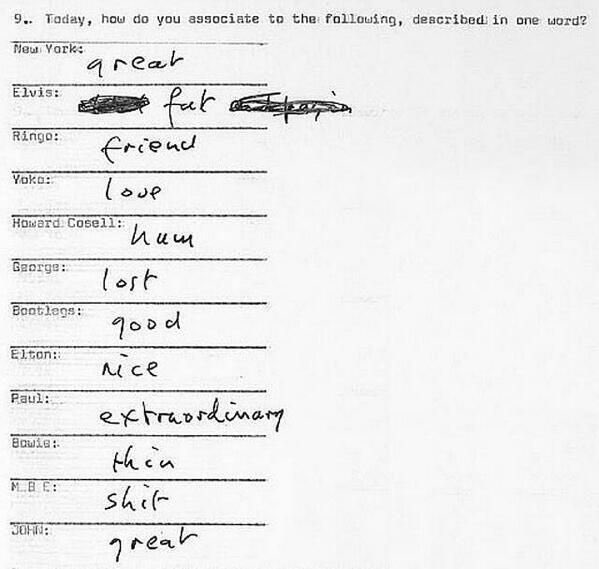 John Lennon’s word association list, 1976.