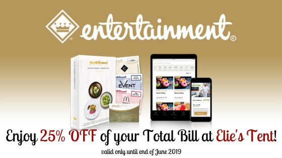 Elies_Tent's tweet photo. Do you still have your Entertainment Book - Perth vouchers? Avail them right now - offer expires end of June 2019. https://t.co/jMy1QNEHHK Enjoy 25% off of your total bill when you dine at Elie’s Tent and use the 2018-2019 #EntertainmentBook - #Perth voucher. #offer https://t.co/T1hytwMyF8