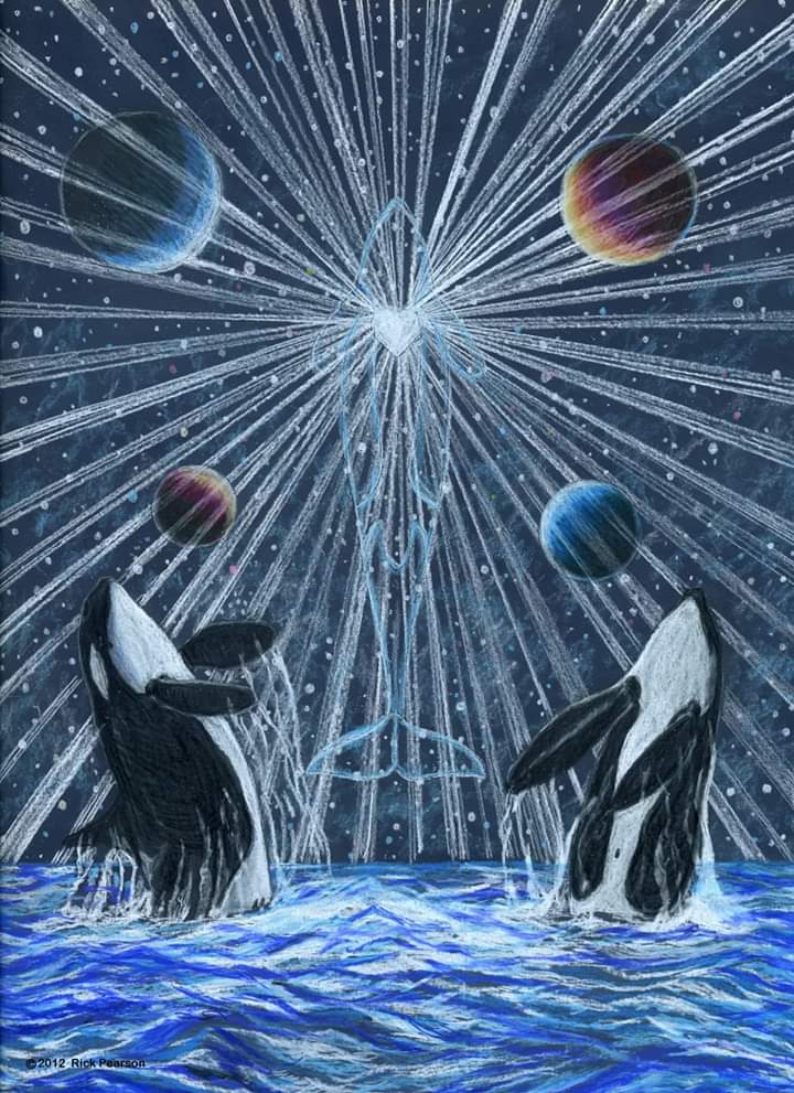 Via Debbie Bailey

For Orca Awareness Month, I would like to post this original art by the very talented: 
Rick Pearson.

The Orcas in this art came from photos of Granny, and her son, Ruffles.
May all Orcas that are free...remain so. Let them find food, let their babies thrive.