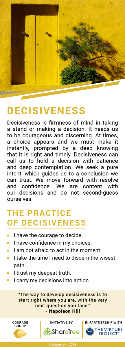 #Decisiveness is firmness of mind in taking a stand or making a decision. It needs us to be courageous + discerning. At times, a choice appears + we must make it instantly, prompted by a deep knowing that it is right + timely. 
#Character card below!