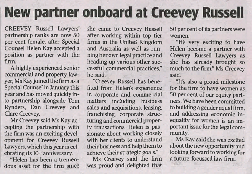 CreeveyHorrell's tweet photo. Creevey Russell Lawyers are very excited to welcome Helen Kay as Partner to the Firm. See the below article published in the Better Business section of the Chronicle today!
#lawyers #firm #toowoombachronicle #toowoombabusiness #toowoomba #bisbane https://t.co/z3nTbX0wJt