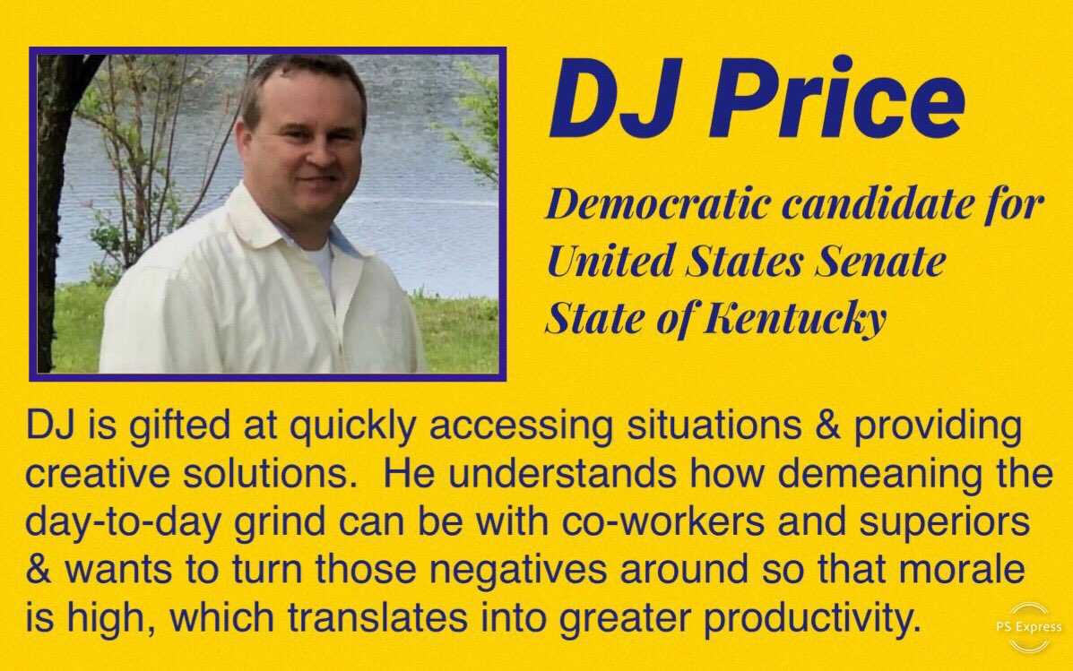 Bellatrixx2020's tweet photo. @JacquelyneHowa7 @CytkoJ Follow @DJKYSENATE2020, exploratory candidate for US Senator from #KY. DJ is a smart, honest & compassionate Dem with a servant’s heart who wants to improve the lives of working Kentuckians & banish corporate 💰 & corruption from the political landscape.
#SendDJ2DC
#KYSen2020 https://t.co/QV0Fb3ge0w
