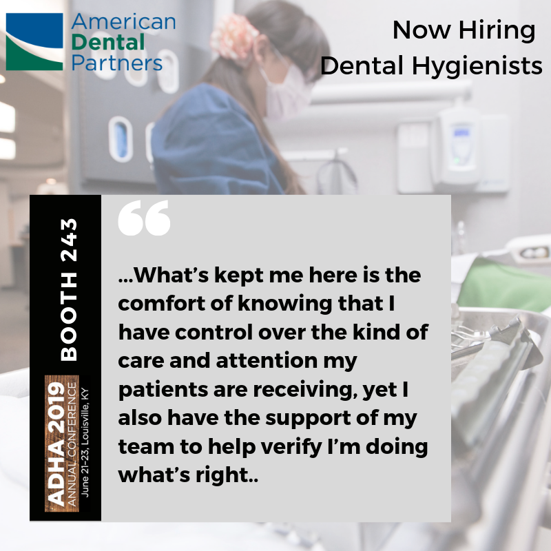 We'll be at ADHA in ✈️Louisville ✈️ this week! Stop by Booth 243 and hear why our Hygienists 💙 working for an American Dental Partners supported affiliate... #hygienecareers #dentalcareers #adha19