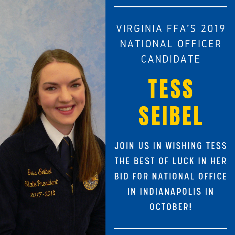 Please join us in wishing 2017-2018 State President, Tess Seibel best of luck in her bid for National FFA Office!