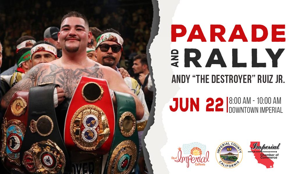 ImperialCntyCA's tweet image. Join us as Imperial County welcomes Andy Ruiz, Jr. home to Imperial on Saturday, June 22nd.  For more information, visit cityofimperial.org/andy-ruiz-jr-c… #andyruizjr #heavyweightchamp #discoverimperialcounty