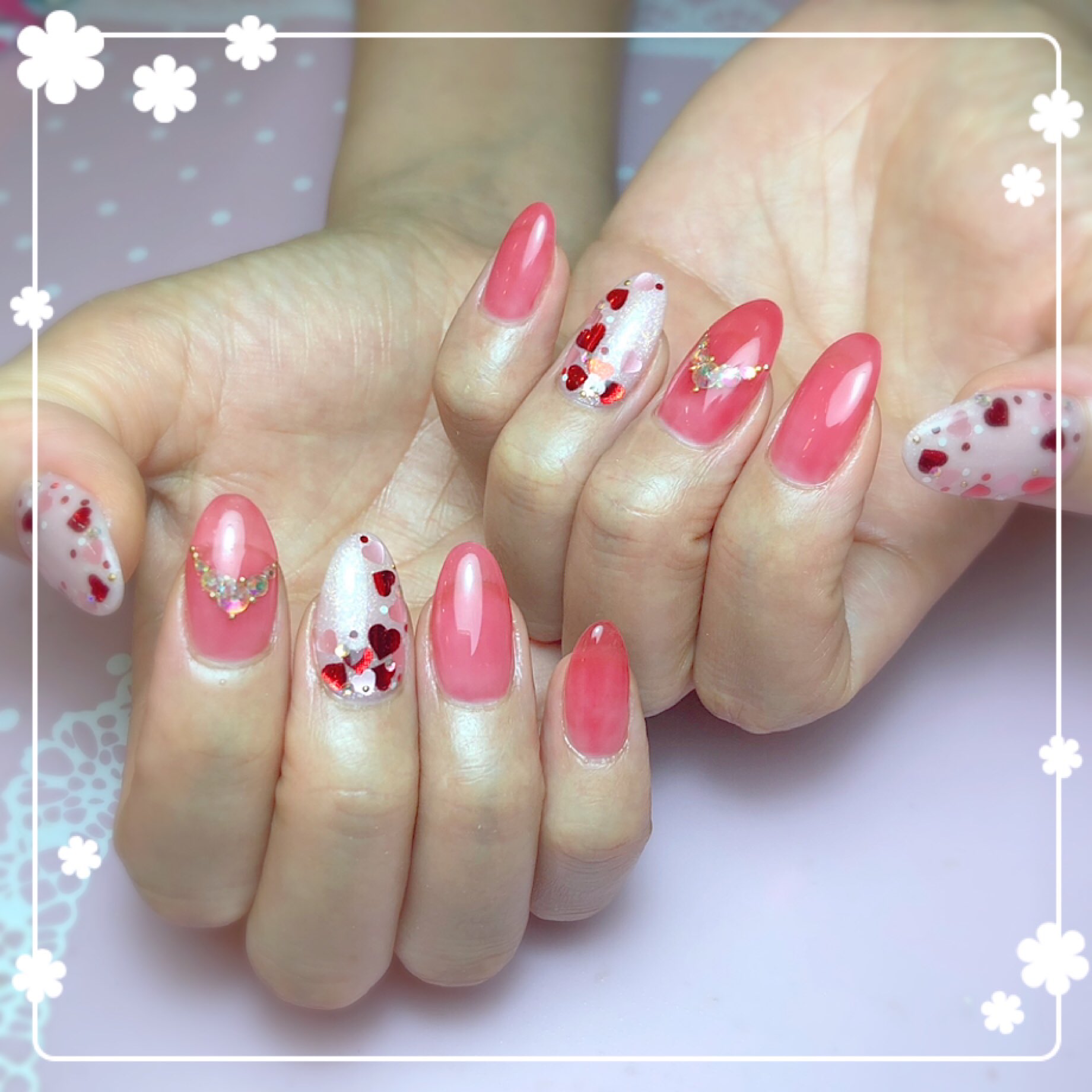 Masami お客様ネイル ハートとクリアレッドで夏のラブリーネイル ジェルネイル クリアレッド 透け感 ラブリー ネイルデザイン ネイルアート ハート 可愛いネイル 美甲 ネイルブック ネイル写真 シアーカラー シアーレッド ロング ネイル Masami お客様ネイル ハートとクリアレッドで夏のラブリーネイル ジェルネイル クリアレッド 透け感 ラブリー ネイルデザイン ネイルアート ハート 可愛いネイル 美甲 ネイルブック ネイル写真 シアーカラー シアーレッド ロング ネイル