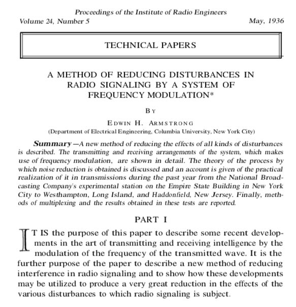 OTD in 1936, Edwin Armstrong came to <a href="/FCC/">FCC</a>. Fresh off publishing his idea about "frequency modulation" radio, he demo’d it for staff. Per <a href="/UPI/">UPI.com</a>, "[i]f the audience of 50 engineers had shut their eyes they would have believed the jazz band was in the same room." FM radio was real.