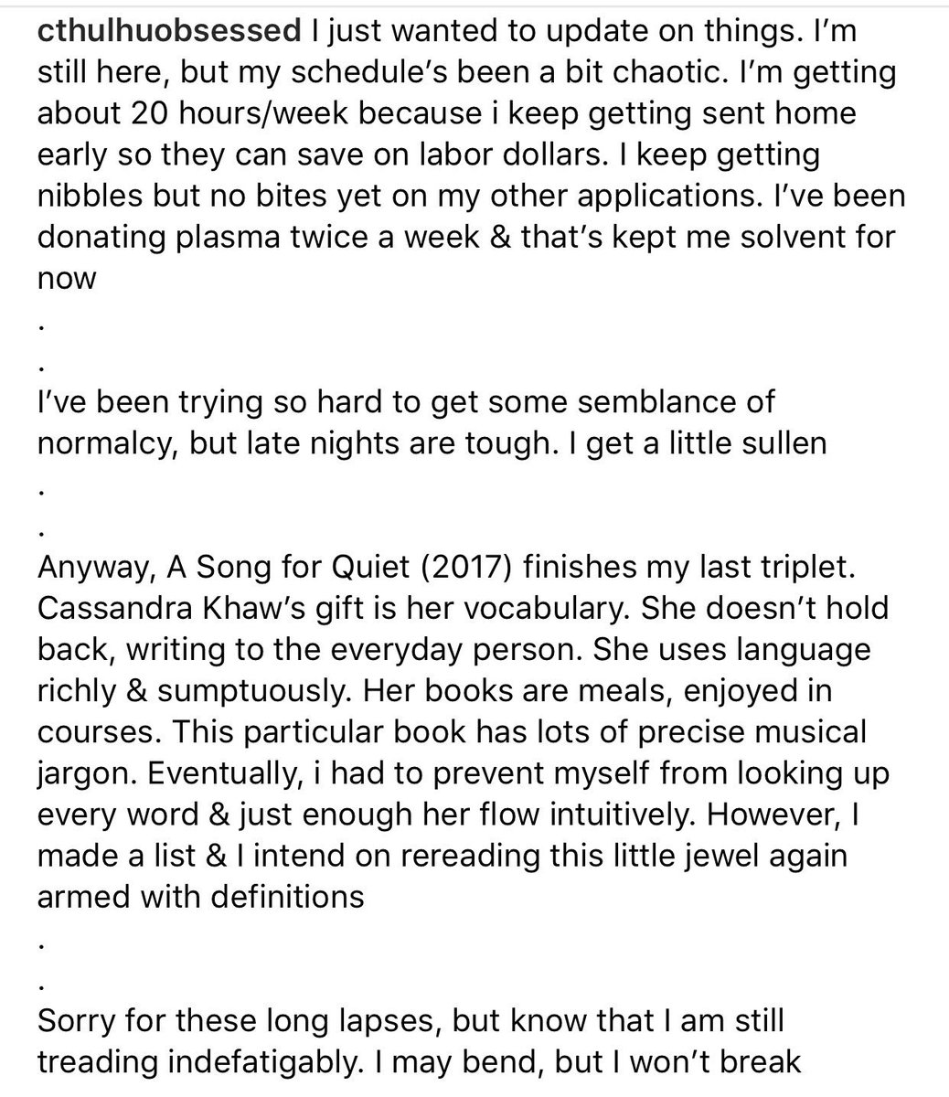 I made an update & book review of @casskhaw’s A Song for Quiet on my IG. I thought I’d share that post here to both share life stuff & also to give her book a more detailed review than just a “tweet review”. 

#bookstagram #cassandrakhaw #asongforquiet #jeffreyalanlove