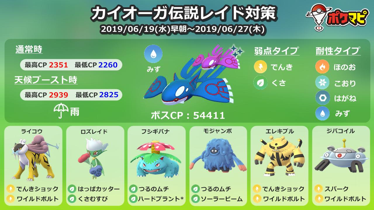 ポケモンgo攻略情報 ポケマピ 6 19 水 から伝説レイドにカイオーガが登場 カイオーガの対策ポケモンや個体値 覚える技などをまとめました 出現期間 19 6 19 水 早朝 6 27 木 個体値100 通常 Cp2351 天候ブースト 雨 Cp2939 カイオーガ
