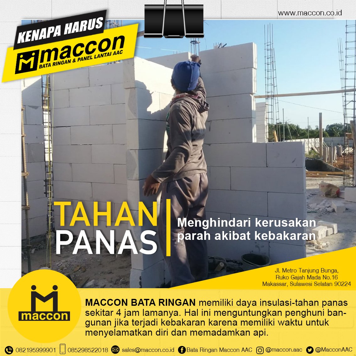 MacconAAC's tweet photo. Semangat pagi, Semangat Beraktis. Salah satu alasan penting kenapa sobat Mac harus memilih dan merekomendasikan Maccon adalah Daya Insulasi Tahan Panas yang dimiliki oleh Maccon Bata Ringan. https://t.co/tSth7LZGo6