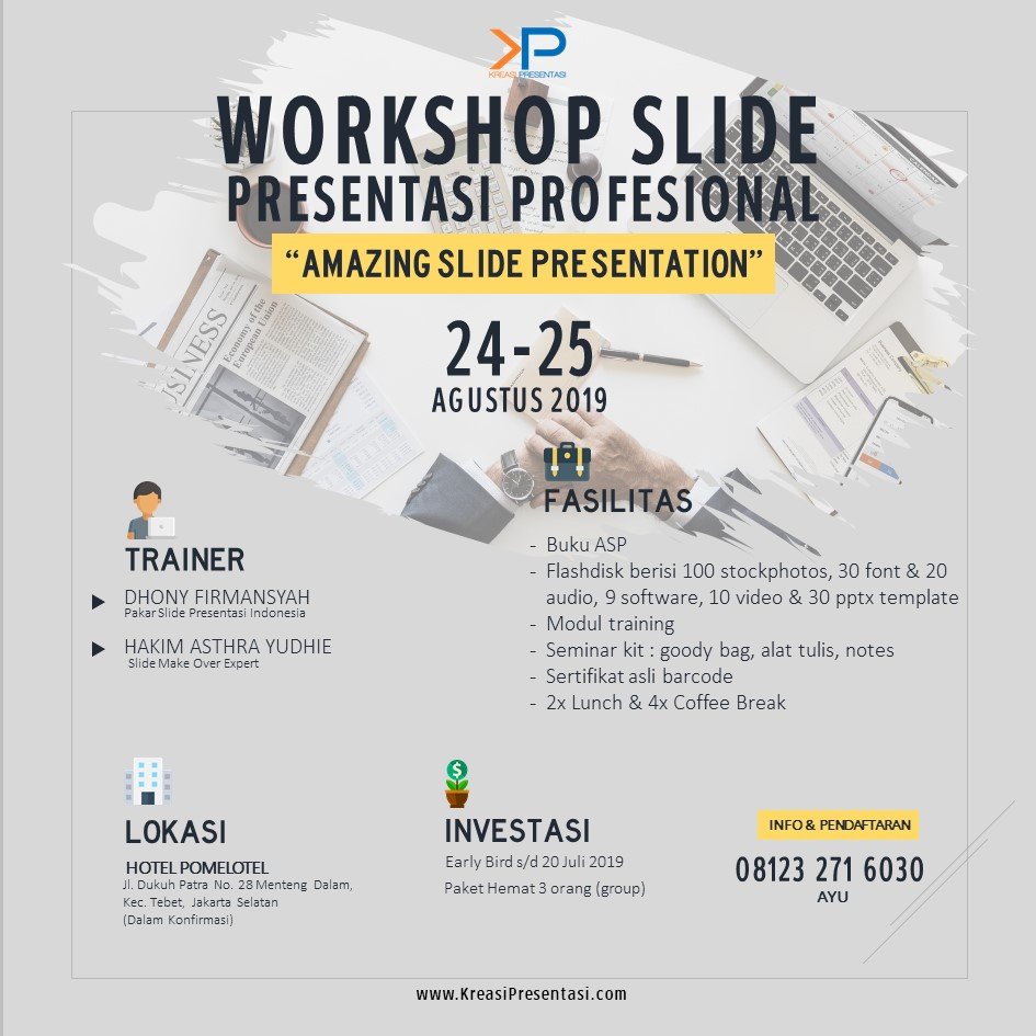 DhonyFirmansyah's tweet image. Meningkatkan skill visualisasi konten #presentasi dgn #training #AmazingSlidePresentation.
#Jakarta, 24-25 Agust 2019.

Daftar, Ayu 08123 271 6030 atau isi form:
kreasipresentasi.com/formulir/dafta…