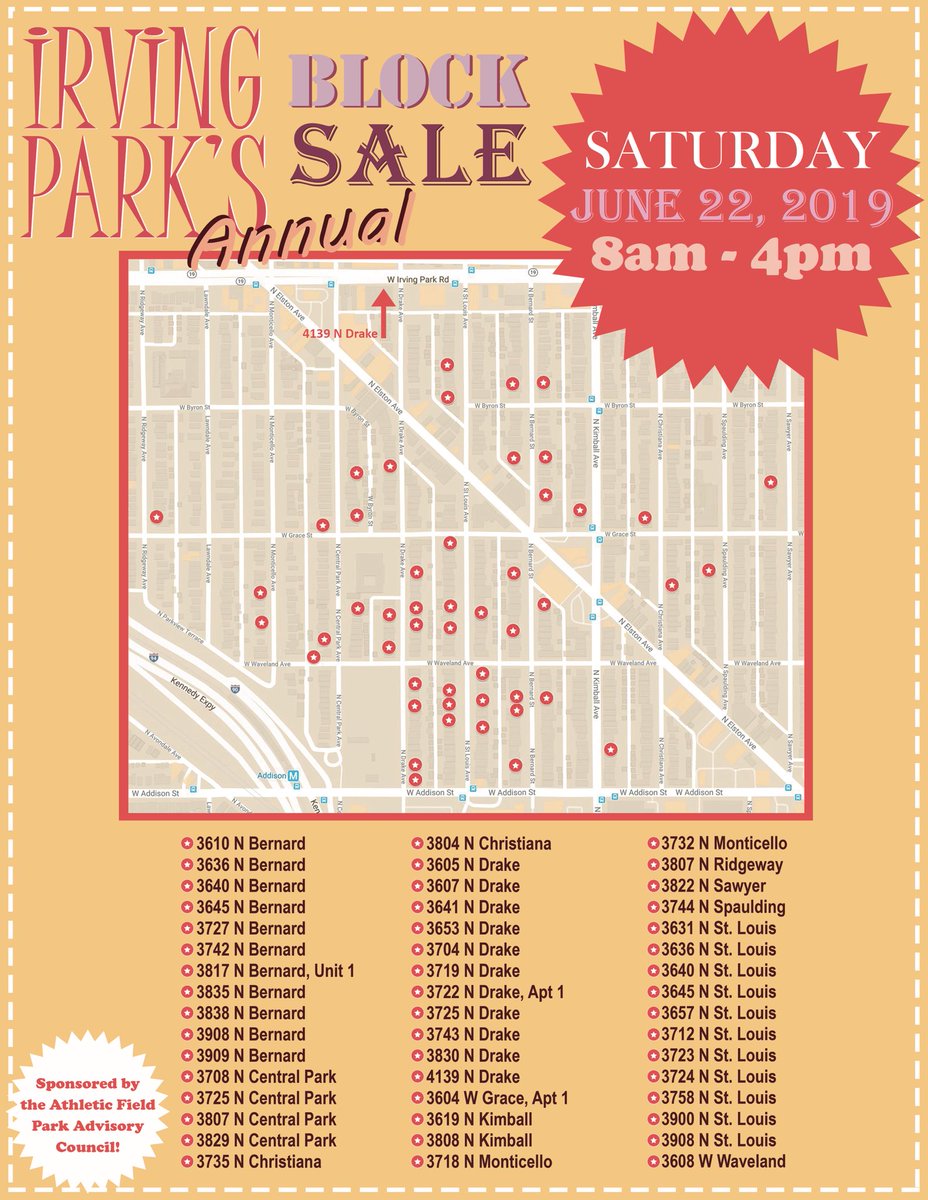 Athleticfield's tweet photo. 50 home #garagesale #blocksale #chicago sponsored by #athleticfieldpark.com @GarageSaleTrail @gsalr @hornerparknbrs @CDRosa @JBMurphySchool @NorthMayfairCHI @AvondaleUnite @GreaterAvondale @GIPNAorg @AndradeRep40 @BlockClubCHI @IrvingParkEast @NRCchicago @apccchgo https://t.co/uDsozxCxBq