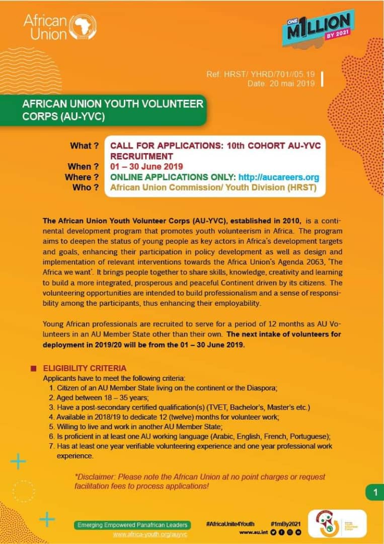 Etalks1's tweet photo. Apply @AUYouthProgram
Are you passionate about serving the continent? 
Are you willing to dedicate 12months of service to Africa ?

Then the @AU_YVC is for you.

Deadline for Applications extended till July 15th!! 

 #1mBy2021 https://t.co/chtxcBaTAN https://t.co/KBreb1xx6N https://t.co/730CM4Xdfm