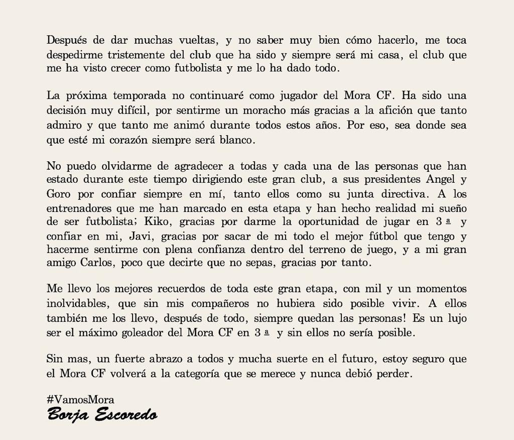 Borja Escoredo (@borja19carpio) on Twitter photo Toca despedirme de mi casa durante tanto tiempo, desde ahora soy un socio más, gracias por todo y mucha suerte <a href="/Mora_CF/">Mora Club de Fútbol</a> . Toca despedirme de mi casa durante tanto tiempo, desde ahora soy un socio más, gracias por todo y mucha suerte <a href="/Mora_CF/">Mora Club de Fútbol</a> .