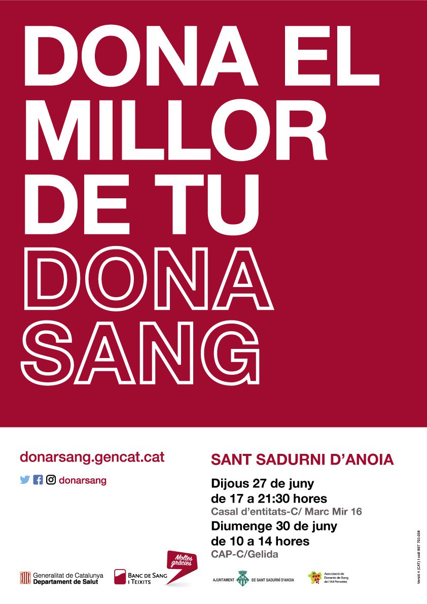 radiosantsa's tweet photo. Reserva't les dates i apropa't a @donarsang a #santsadurni!

📅27/06/2019 
📍Casal d'Entitats
🕗De 17h a 21.30h

📅30/06/2019
📍CAP
🕗De 10h a 14h https://t.co/KbGobKNFZV