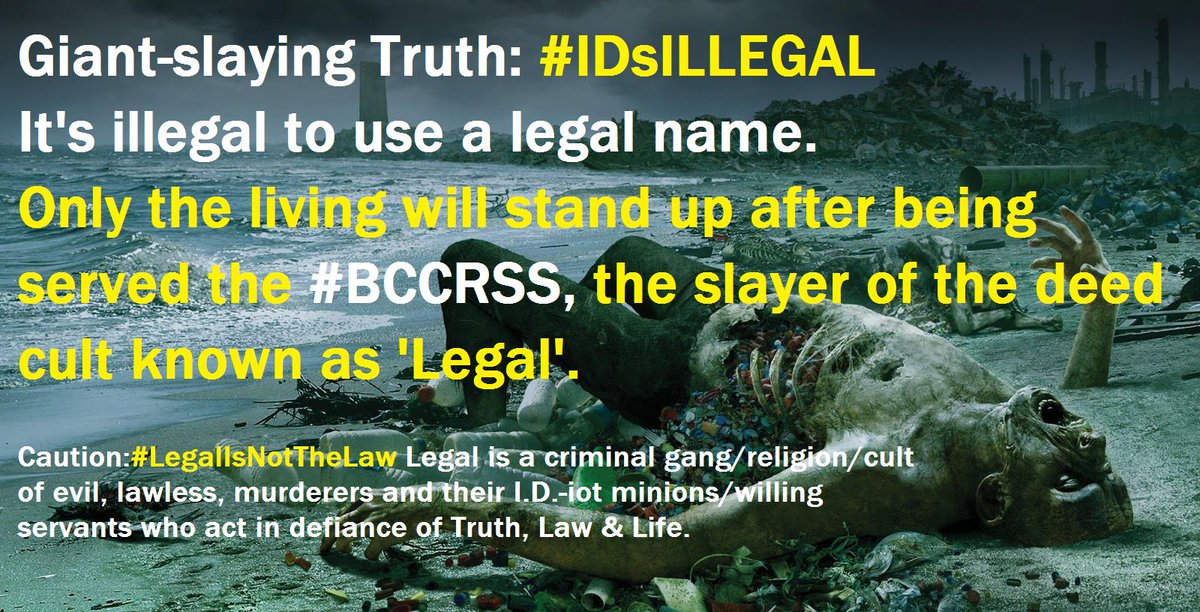 BeeceeCross's tweet photo. #SixWordHorrorStory: The #LegalDeathCult Owns You.
Its evil fraudulent #BirthCertificate doom upon humanity=your #IDsILLEGAL
#TuesdayThoughts of #HowIWasPlayed by #EvilParade-ink #lawyers makes you want #TheEscapeClause #BCCRSS help at
https://t.co/jOFXvX6FFd
#TruthBillboards https://t.co/cDDc4JhOJb