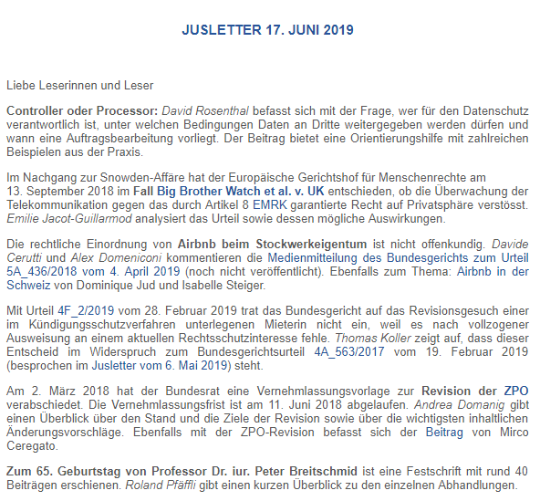 Weblaw's tweet image. Diese Woche im @Jusletter 
- #Controller oder #Processor
- Urteil Big Brother Watch et al. v. UK, #EMRK, #HumanRights 
- @bger_CH #Airbnb beim #Stockwerkeigentum
- Revision der #ZPO
- Urteil 4F_2/2019
- Festschrift für Peter Breitschmid

Zur Ausgabe: lnkd.in/gx_J-DR