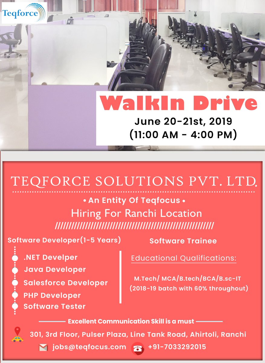RanchiUpdates's tweet photo. Job Opening !!

Walkin Drive on 20-21st June
Timing: 11:00 AM - 4:00 PM

Come directly to the respective venue or can call directly on 7033292015. 
#careeropportunities #informationtechnology #walkins #equalopportunities #WeAreHiring #Teqfocus #Teqforce #Ranchi #Jharkhand https://t.co/wAuzJx4QCN