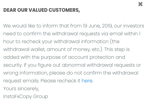 InstafxcopyS's tweet photo. We would like to inform that from 19 June, 2019, our investors need to confirm the withdrawal requests via email within 1 hour to recheck your withdrawal information (the withdrawal wallet, amount of money, etc.)...
Read more here: https://t.co/pidNGTDkub https://t.co/9U8k4fnJKE