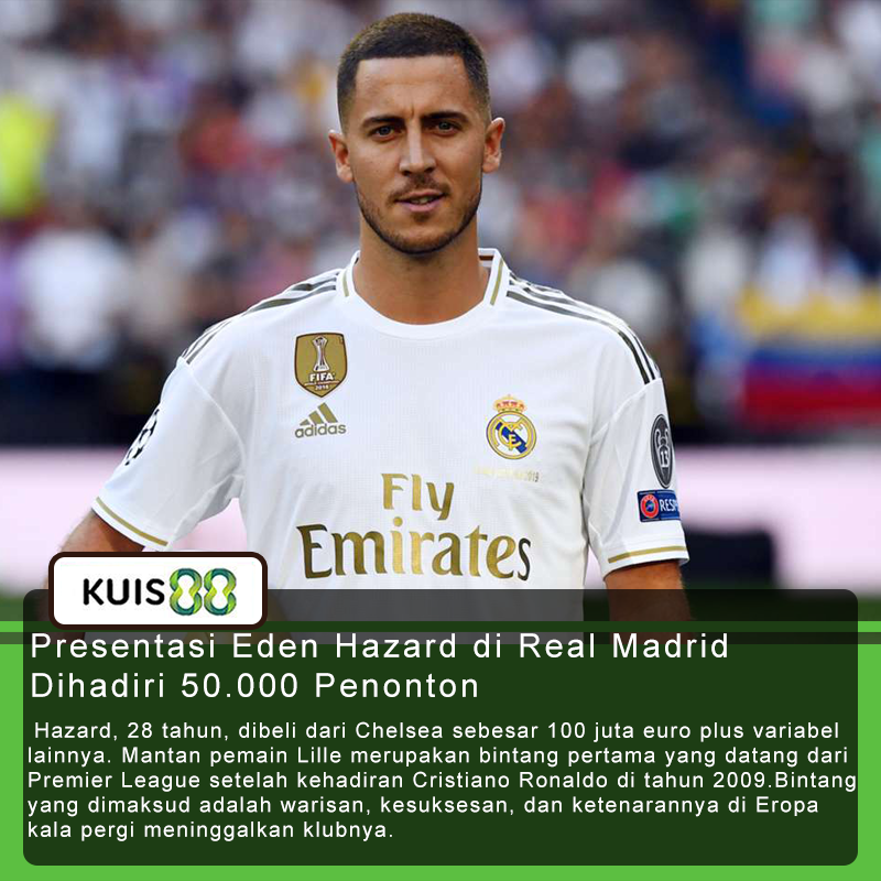 kuis88's tweet photo. Penyerang sayap Belgia, Eden Hazard, telah dikenalkan kepada publik sebagai rekrutan anyar Real Madrid di musim panas ini, Jumat (14/6) dini hari WIB. Ada 50.000 suporter yang hadir di Santiago Bernabeu.
.
#Kuis88 #RealMadrid #Chelsea #Hazard #Transfer https://t.co/FEU7K94Kf5