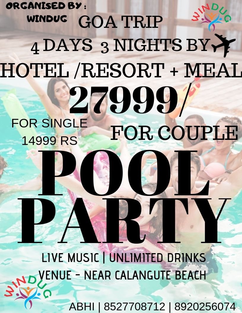 windugservice's tweet photo. An Awesome #Goa Trip are waiting for you ! 
Book your tickets now. #Goa Trip, Unlimited drinks, Unlimited food, Awesome #music, #dancers , #Rain dance, #couplesgoals 
For more details contact now- 8527708712, 8920256074 limited seats available.
#SaniaMirza #nehakakkar #YogaDay https://t.co/noJT3NbTvx