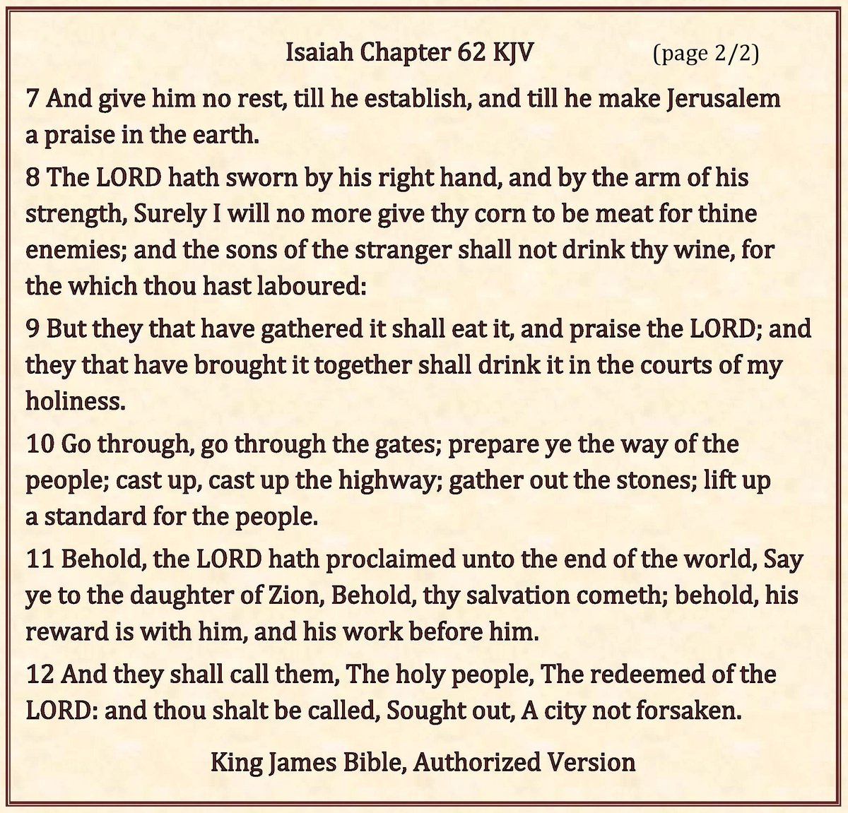 kingjamesonline's tweet image. "Behold, thy salvation cometh; behold, his reward is with him, and his work before him. And they shall call them, The holy people, The redeemed of the LORD: and thou shalt be called, Sought out, A city not forsaken." Isaiah 62 #Hephzibah #Beulah #Jerusalem
