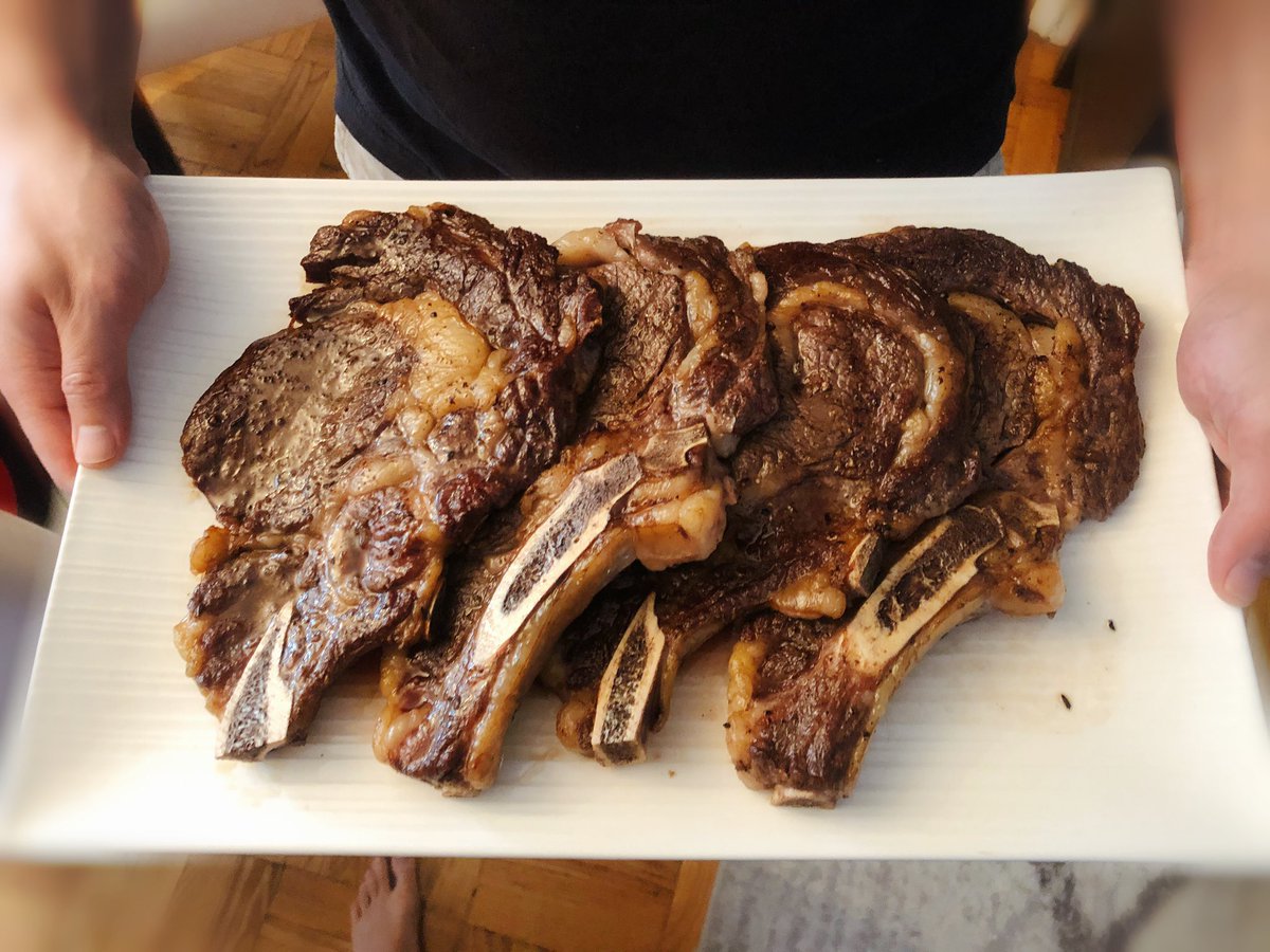 epidiscovery's tweet photo. Bone-in rib eye steak for Father's Day -- sous vide at 130 F for one hour with rosemary, thyme, and garlic and then finished on a cast iron pan. 💯👌🏼 #homecooked https://t.co/EDi81C1c4B